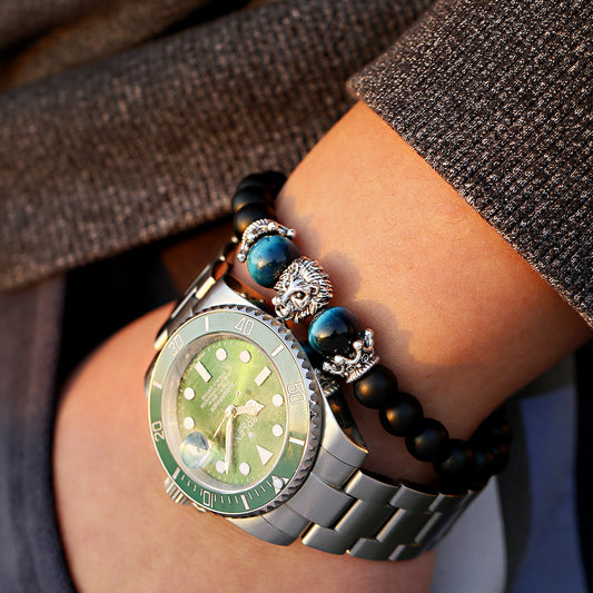 🦁 ライオンヘッドのメンズブレスレット - 瑪瑙と火山溶岩石