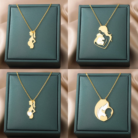 💖 母と子のペンダント付きステンレススチールネックレス