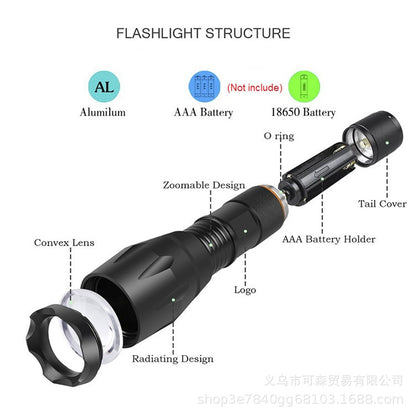 🔦 T6アルミニウムハンドヘルド懐中電灯 - 強力な望遠フォーカス